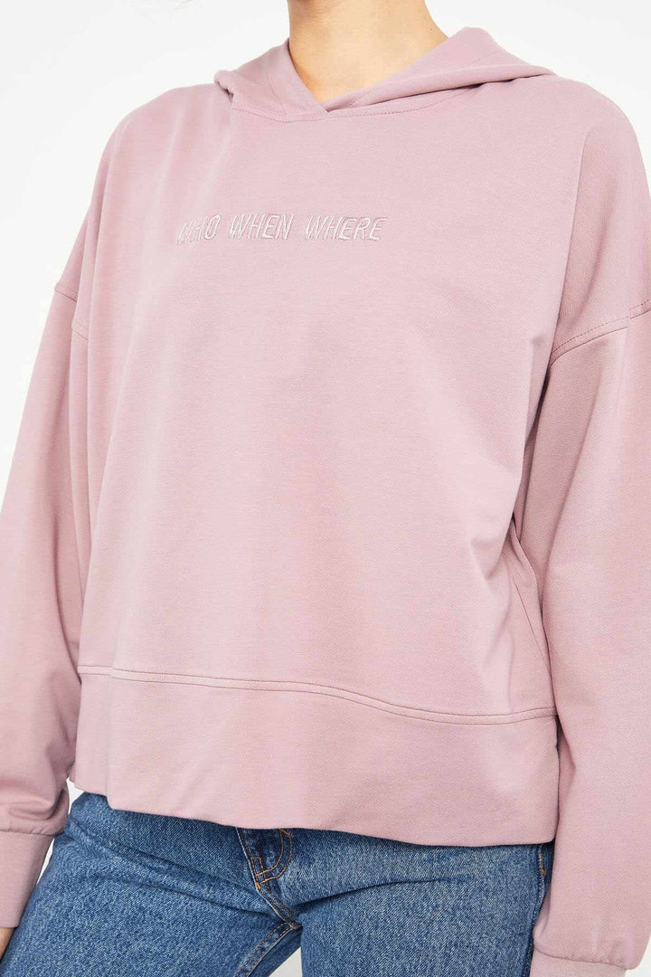 TMY Dried Rose Embroidered Hooded Basic Women's Oversized Sweatshirt - 97164 - Vila do Conde