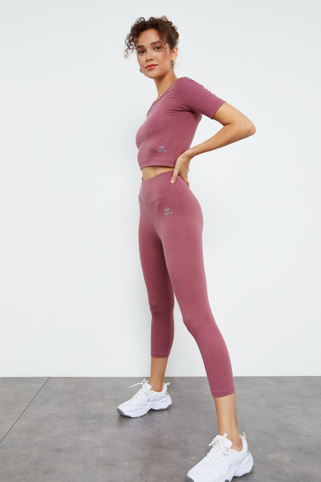 TMY Dried Rose High Waist Capri-Crop T-Shirt Slim Fit Women's Leggings Set - 95285 - Erkelenz