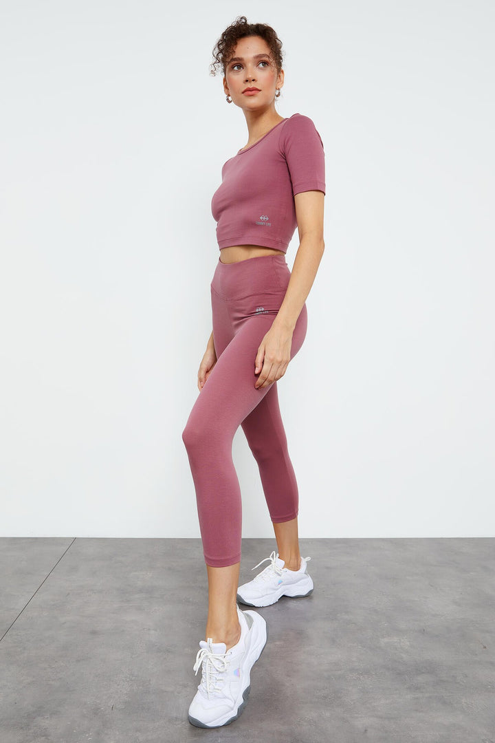 TMY Dried Rose High Waist Capri-Crop T-Shirt Slim Fit Women's Leggings Set - 95285 - Erkelenz