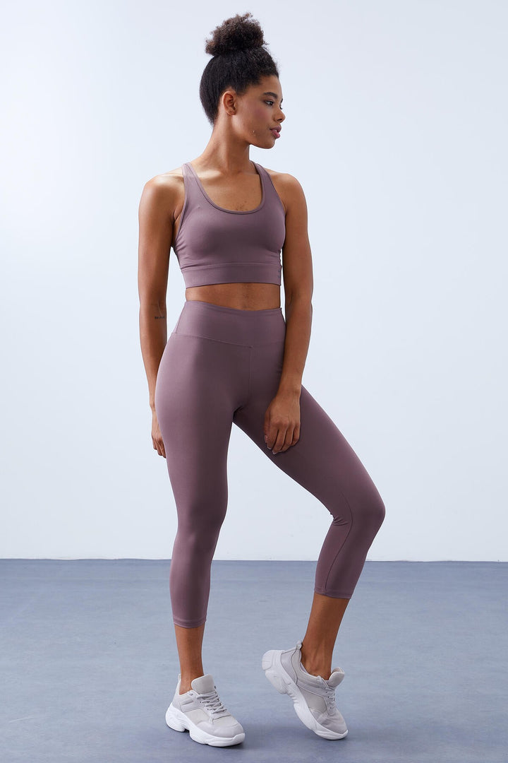 TMY Dried Rose High Waist Shaping Cross Back Detailed Slim Fit Women's Leggings Set - 95283 - Boise