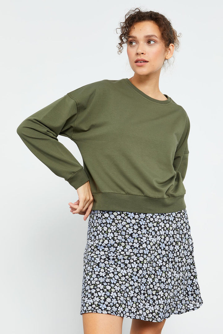 TMY Haki Basic Comfort Fit Round Neck Women's Sweatshirt - 97114 - Seixal