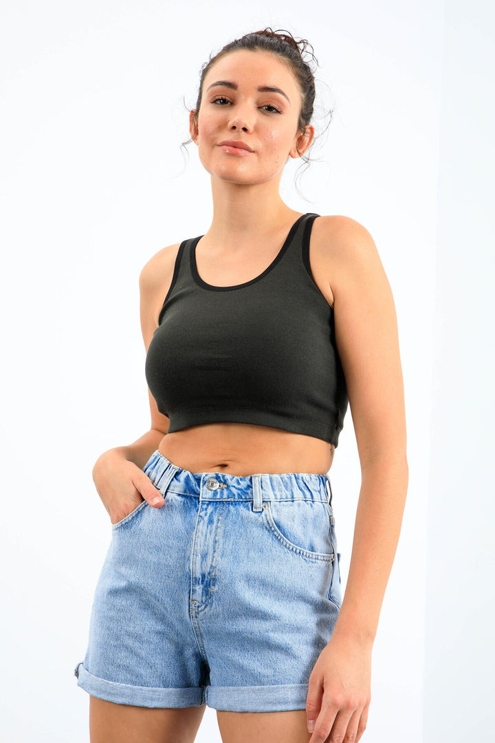 TMY Haki Basic Zero Sleeve Tight Fit U Neck Women's Crop Top Tank Top - 97162 - Prince George