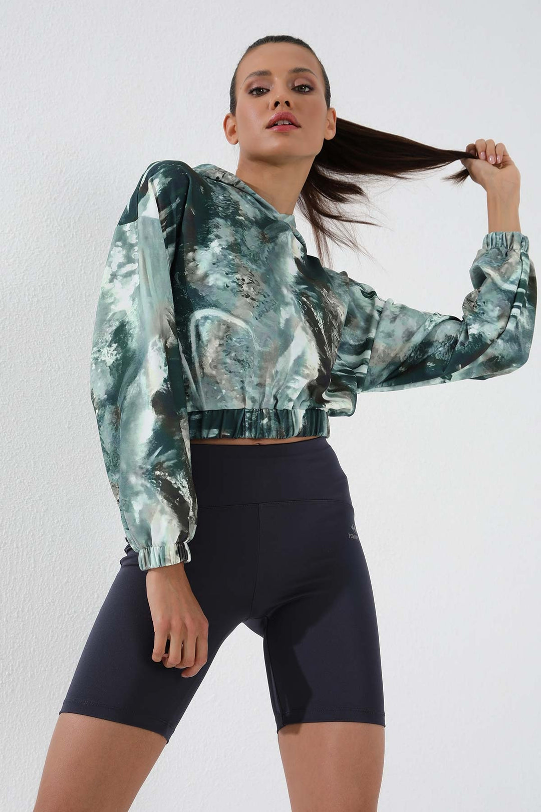 TMY Haki Mixed Tie-Dye Patterned Elastic Hooded Women's Oversized Crop Top Sweatshirt - 97140 - Pinner