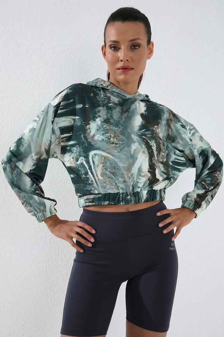 TMY Haki Mixed Tie-Dye Patterned Elastic Hooded Women's Oversized Crop Top Sweatshirt - 97140 - Pinner