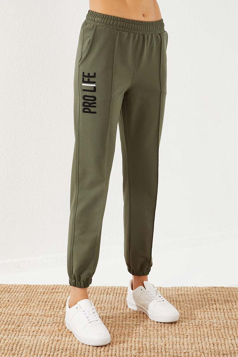 TMY Haki Writing Embroidered Comfortable Fit Elastic Cuff Women's Sweatpants - 94571 - Cedar Hill