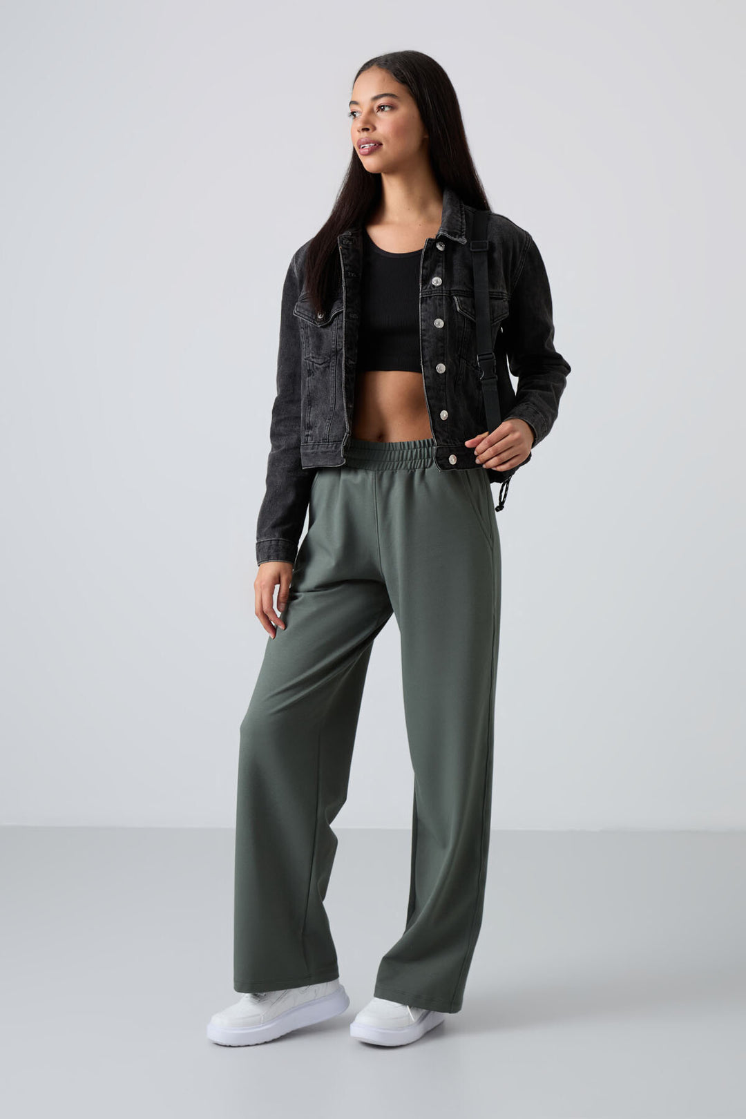 TMY Haki High Waist Pocketed Comfort Fit Wide Leg Women's Sweatpants - 94567 - Figueira da Foz