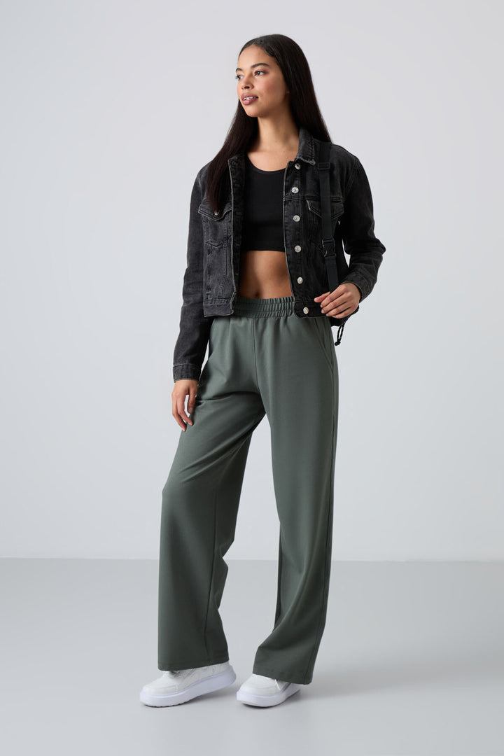 TMY Haki High Waist Pocketed Comfort Fit Wide Leg Women's Sweatpants - 94567 - Figueira da Foz