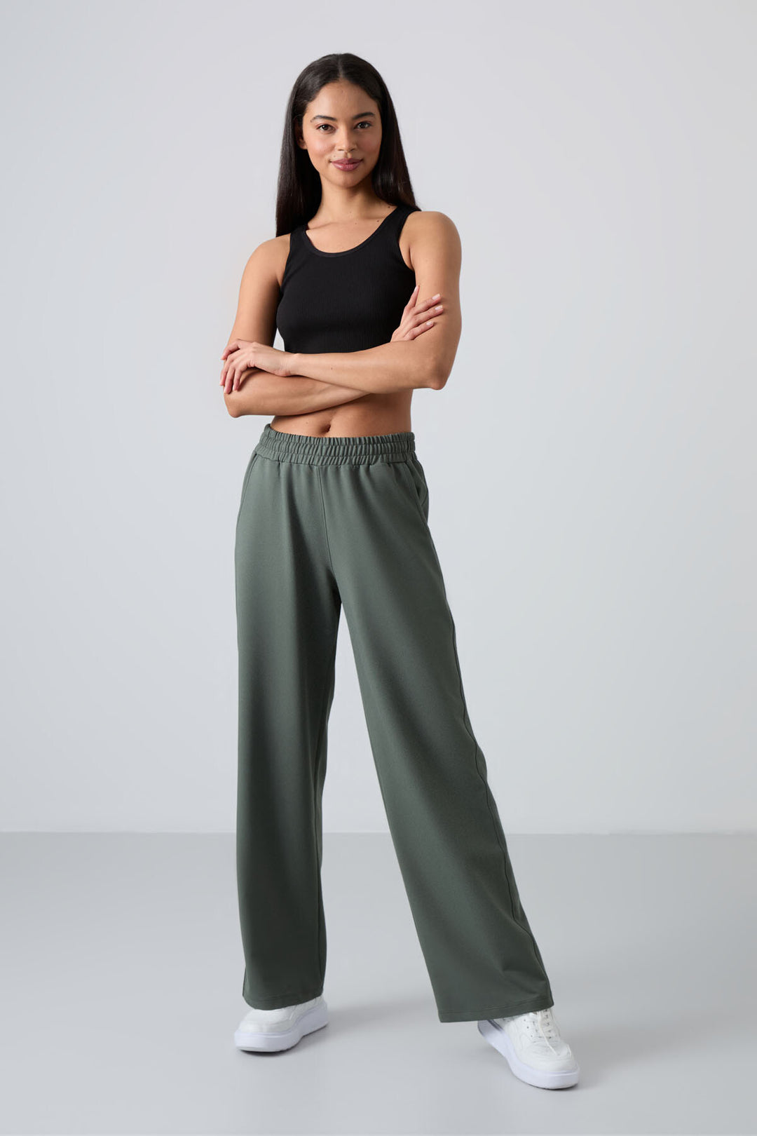 TMY Haki High Waist Pocketed Comfort Fit Wide Leg Women's Sweatpants - 94567 - Figueira da Foz
