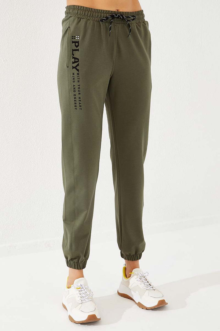 TMY Haki High Waist Embroidered Comfort Fit Elastic Cuff Women's Sweatpants - 94573 - Dunkerque