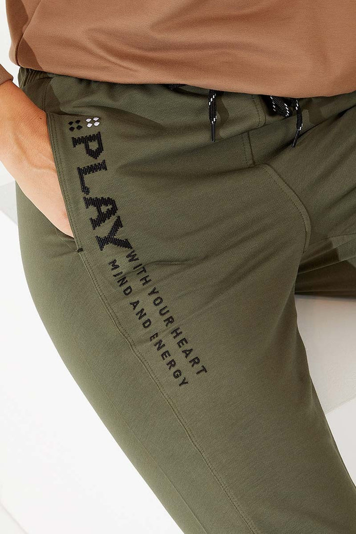 TMY Haki High Waist Embroidered Comfort Fit Elastic Cuff Women's Sweatpants - 94573 - Dunkerque