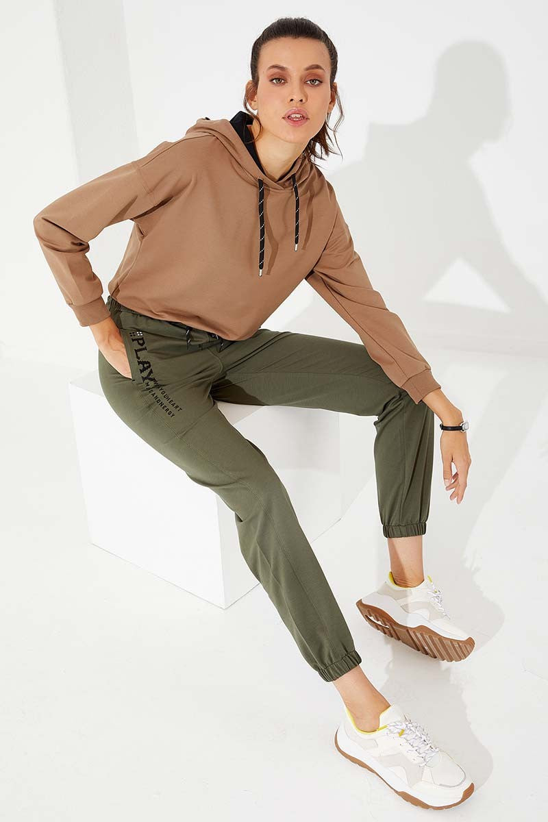 TMY Haki High Waist Embroidered Comfort Fit Elastic Cuff Women's Sweatpants - 94573 - Dunkerque