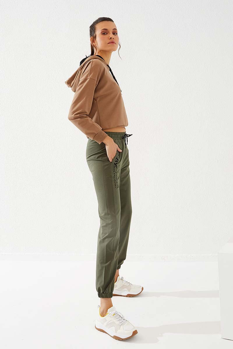 TMY Haki High Waist Embroidered Comfort Fit Elastic Cuff Women's Sweatpants - 94573 - Dunkerque