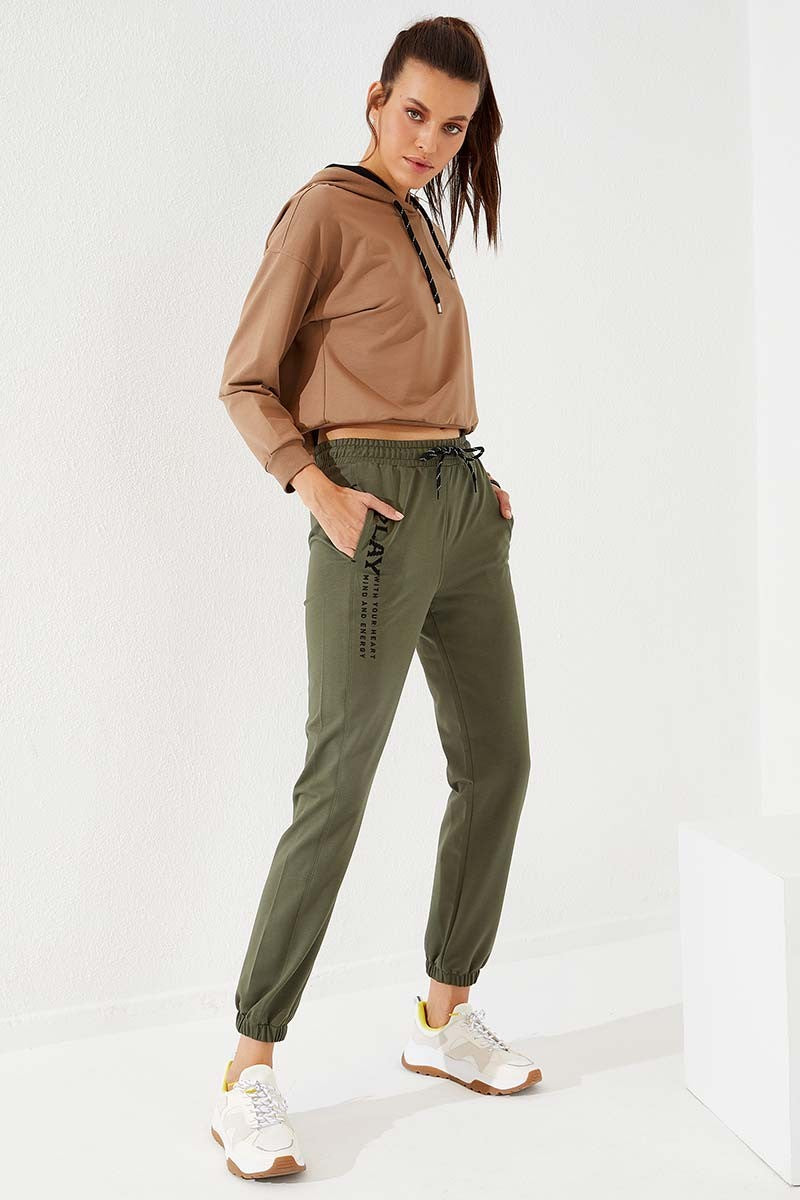 TMY Haki High Waist Embroidered Comfort Fit Elastic Cuff Women's Sweatpants - 94573 - Dunkerque