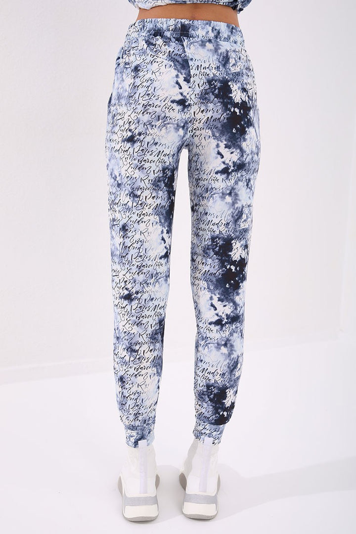 TMY Indigo Writing Detailed Batik Patterned Comfortable Fit Cuffed Women's Tracksuit - 95277 - Agrigento