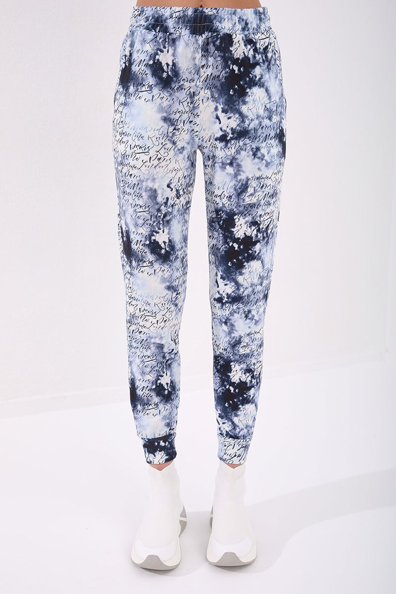 TMY Indigo Writing Detailed Batik Patterned Comfortable Fit Cuffed Women's Tracksuit - 95277 - Agrigento