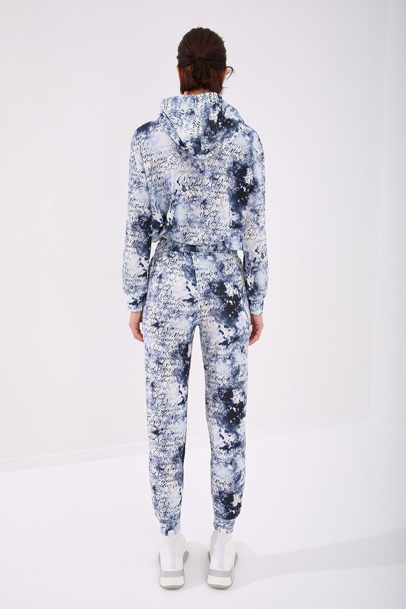 TMY Indigo Writing Detailed Batik Patterned Comfortable Fit Cuffed Women's Tracksuit - 95277 - Agrigento