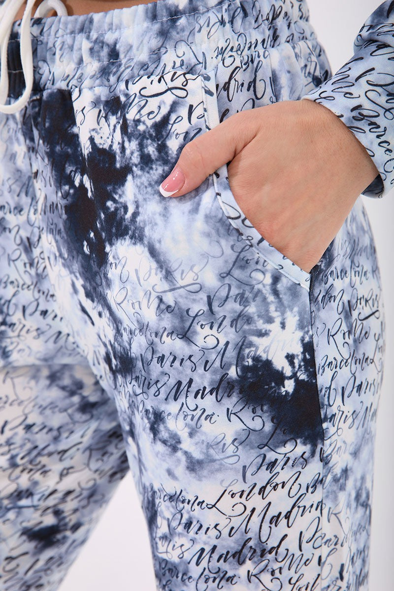 TMY Indigo Writing Detailed Batik Patterned Comfortable Fit Cuffed Women's Tracksuit - 95277 - Agrigento