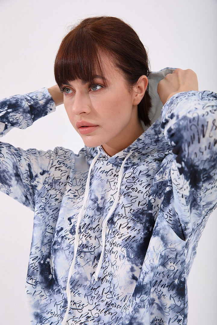 TMY Indigo Writing Detailed Batik Patterned Comfortable Fit Cuffed Women's Tracksuit - 95277 - Agrigento