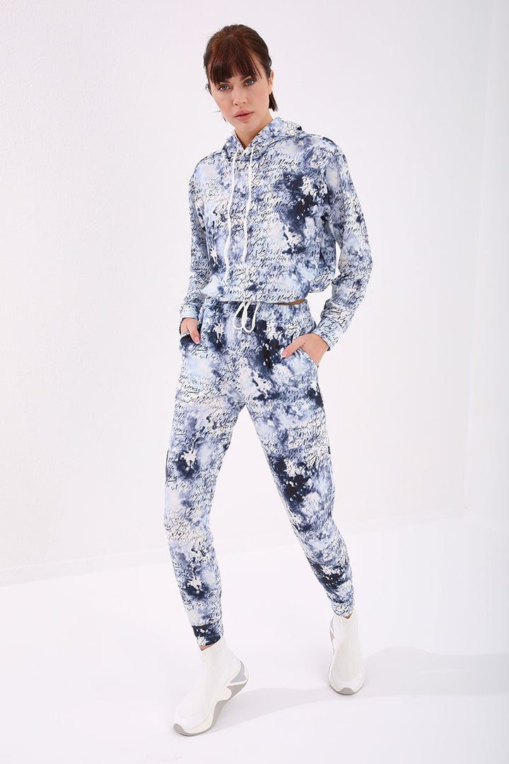 TMY Indigo Writing Detailed Batik Patterned Comfortable Fit Cuffed Women's Tracksuit - 95277 - Agrigento