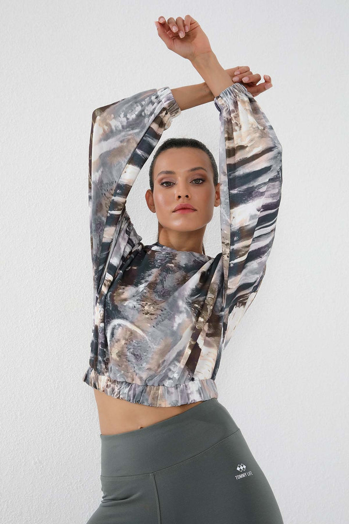 TMY Brown Mixed Batik Patterned Elastic Hooded Women's Oversize Crop Top Sweatshirt - 97140 - Lysychansk