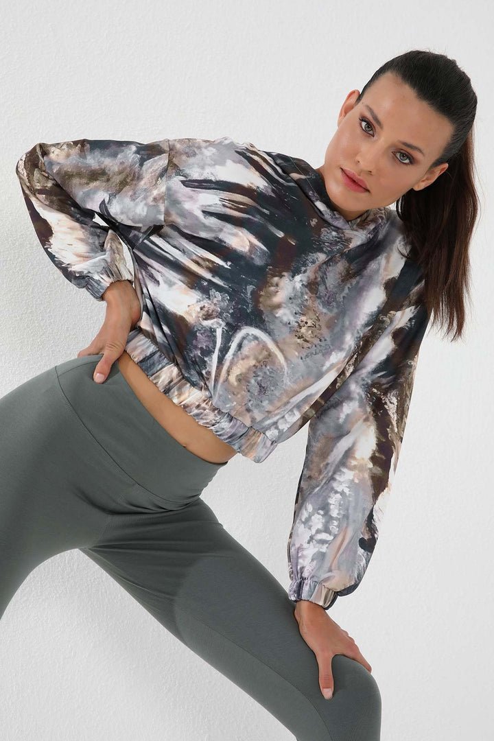TMY Brown Mixed Batik Patterned Elastic Hooded Women's Oversize Crop Top Sweatshirt - 97140 - Lysychansk