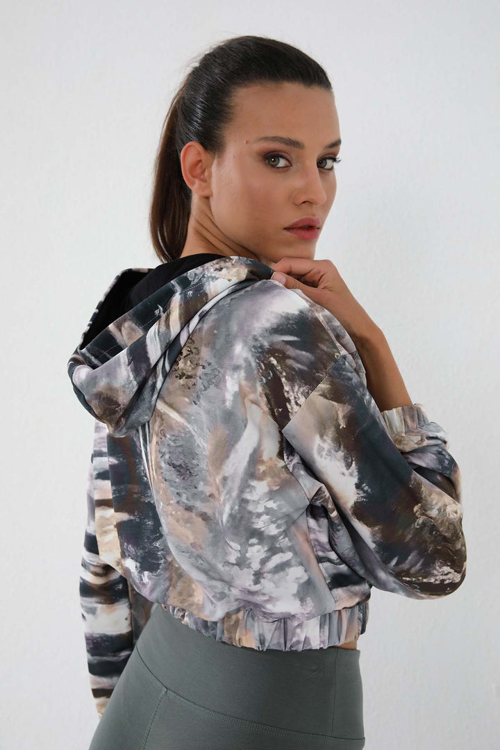 TMY Brown Mixed Batik Patterned Elastic Hooded Women's Oversize Crop Top Sweatshirt - 97140 - Lysychansk