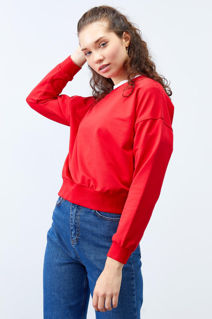 TMY Red Basic Comfort Fit O Neck Women's Sweatshirt - 97114 - San Juan