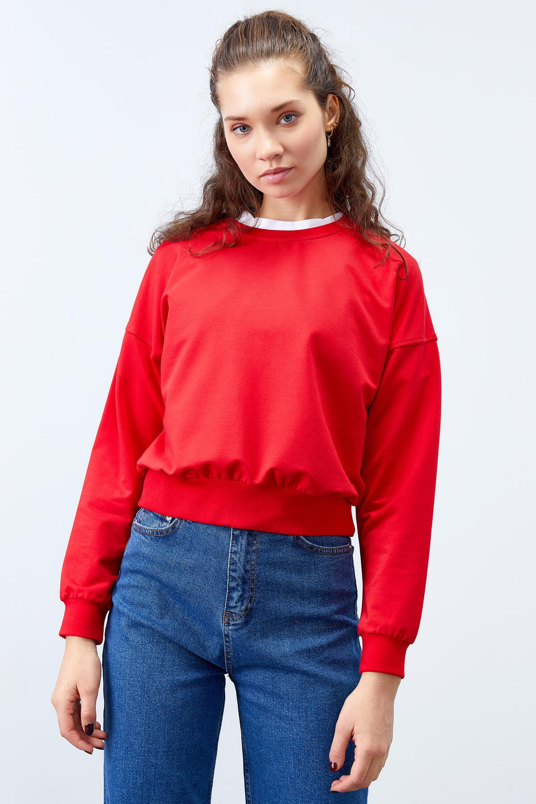 TMY Red Basic Comfort Fit O Neck Women's Sweatshirt - 97114 - San Juan