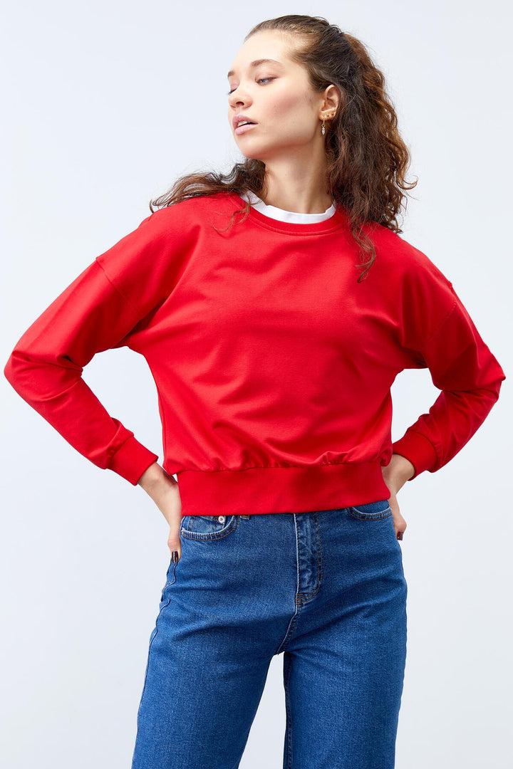 TMY Red Basic Comfort Fit O Neck Women's Sweatshirt - 97114 - San Juan