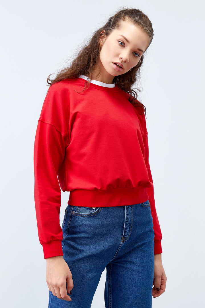 TMY Red Basic Comfort Fit O Neck Women's Sweatshirt - 97114 - San Juan