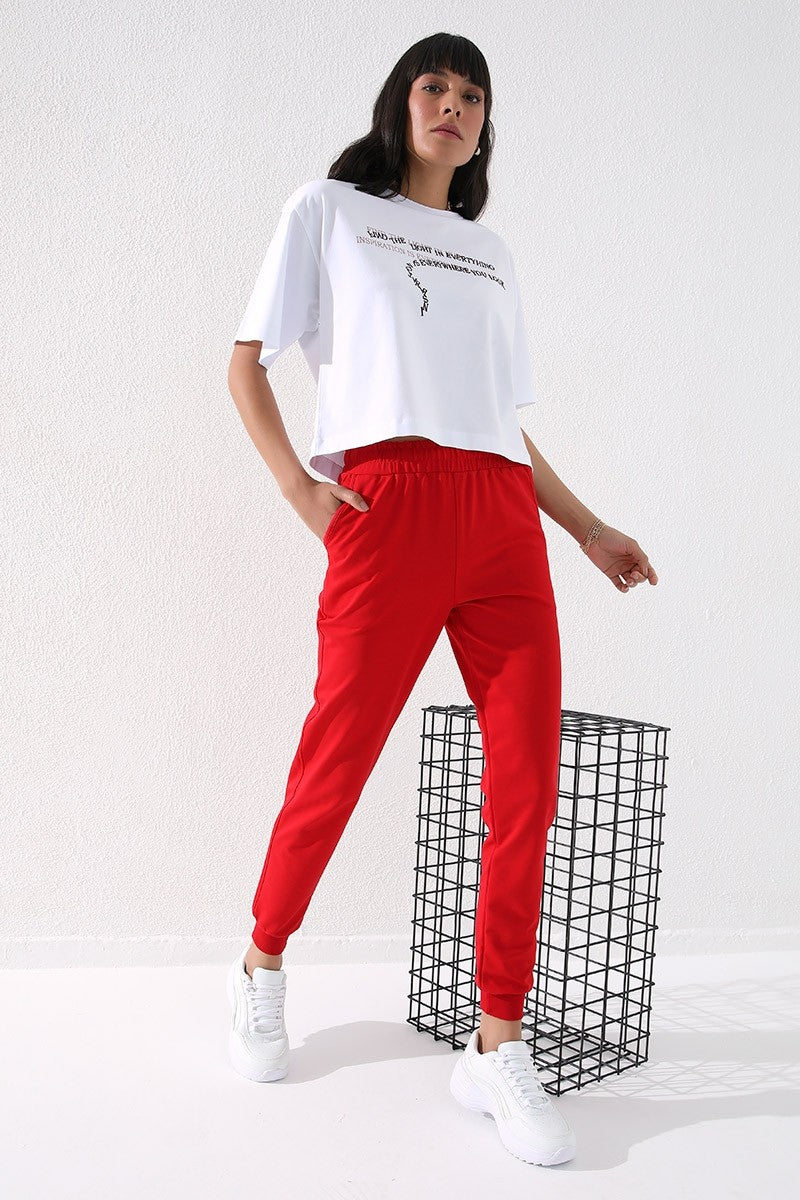 TMY Red High Waist Jogger Comfort Fit Cuffed Women's Sweatpants - 94561 - Enfield
