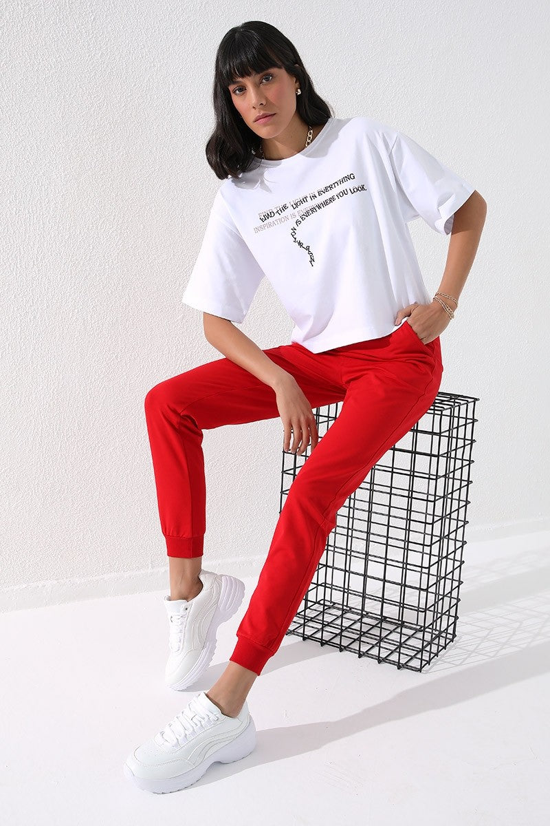 TMY Red High Waist Jogger Comfort Fit Cuffed Women's Sweatpants - 94561 - Enfield