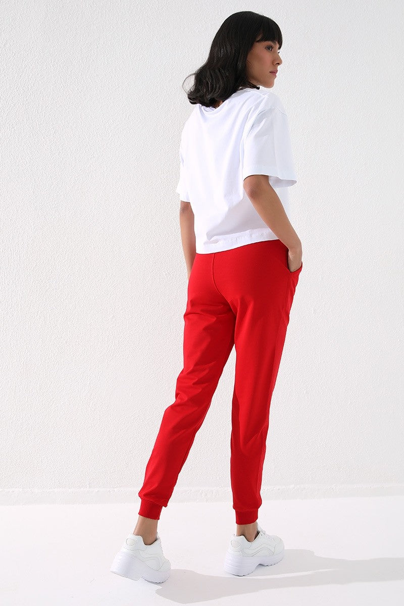TMY Red High Waist Jogger Comfort Fit Cuffed Women's Sweatpants - 94561 - Enfield