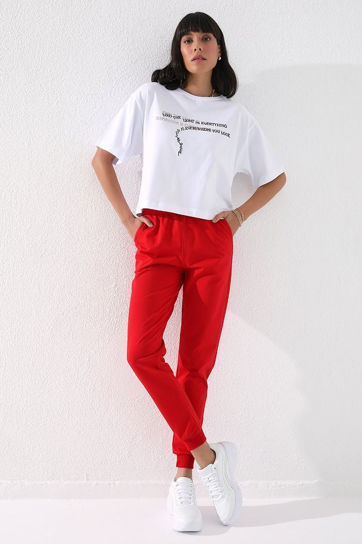 TMY Red High Waist Jogger Comfort Fit Cuffed Women's Sweatpants - 94561 - Enfield