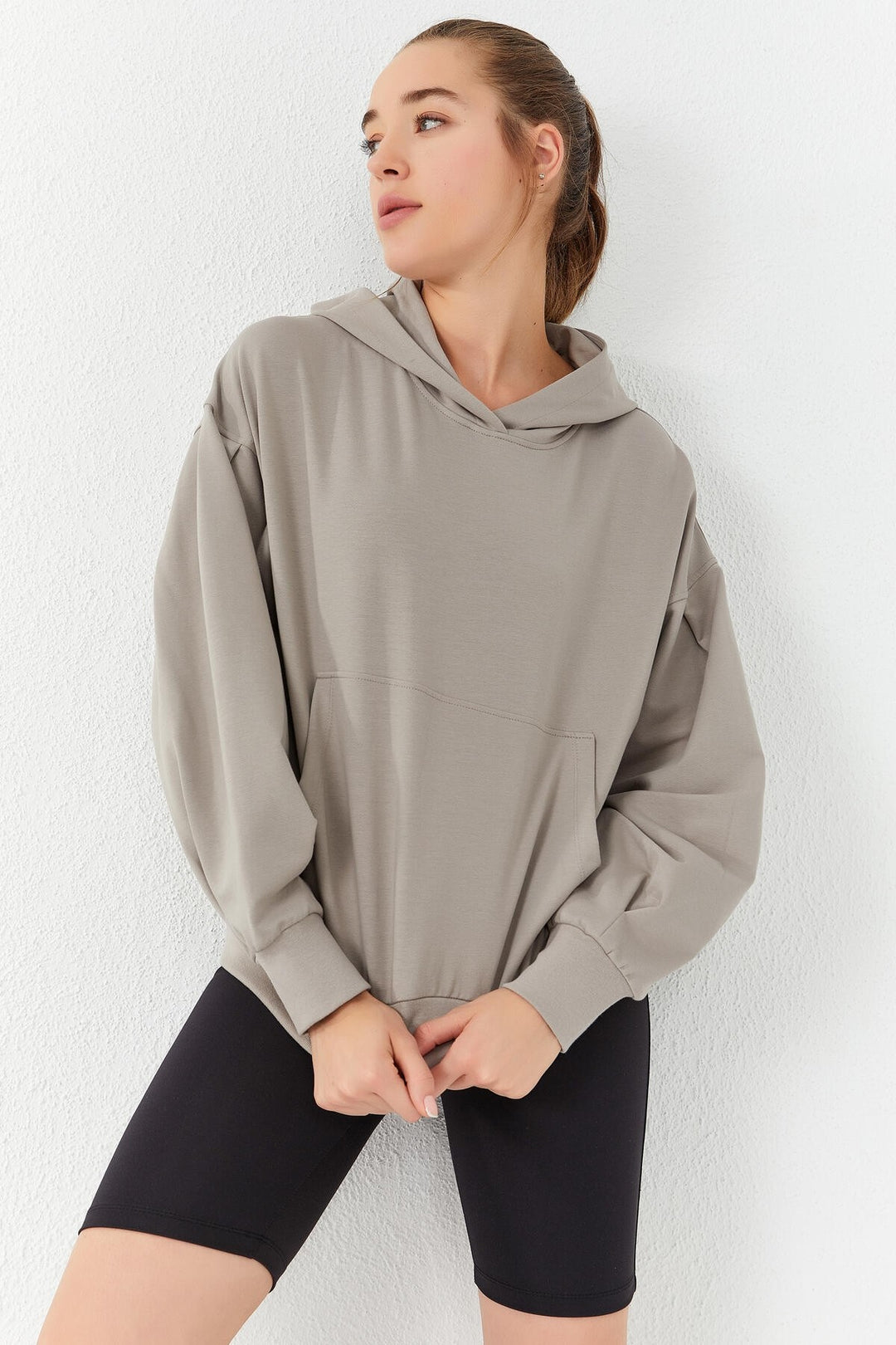TMY Dark Beige Balloon Sleeve Hooded Women's Oversize Sweatshirt - 97156 - Gent