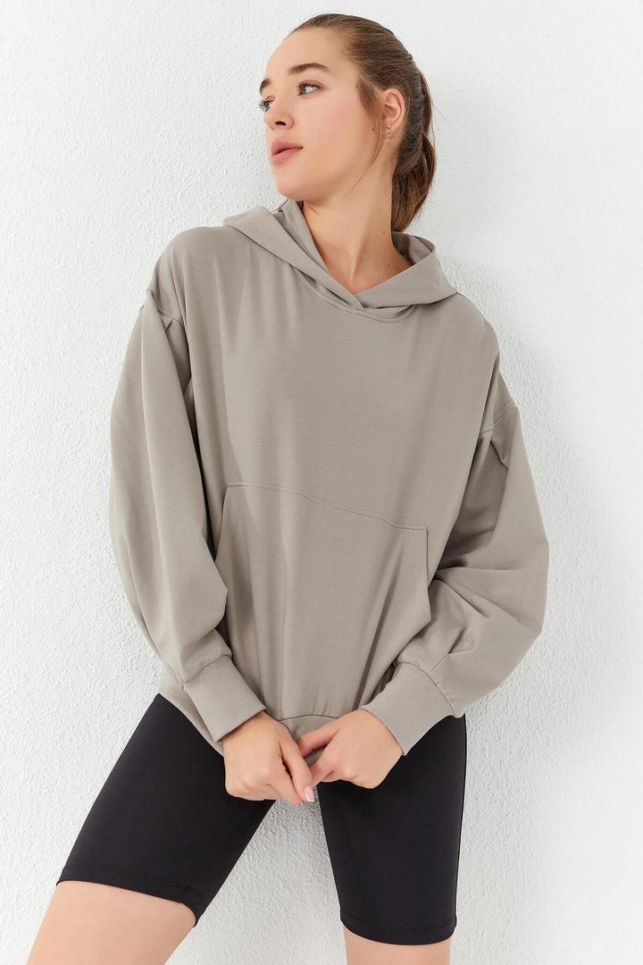 TMY Dark Beige Balloon Sleeve Hooded Women's Oversize Sweatshirt - 97156 - Gent