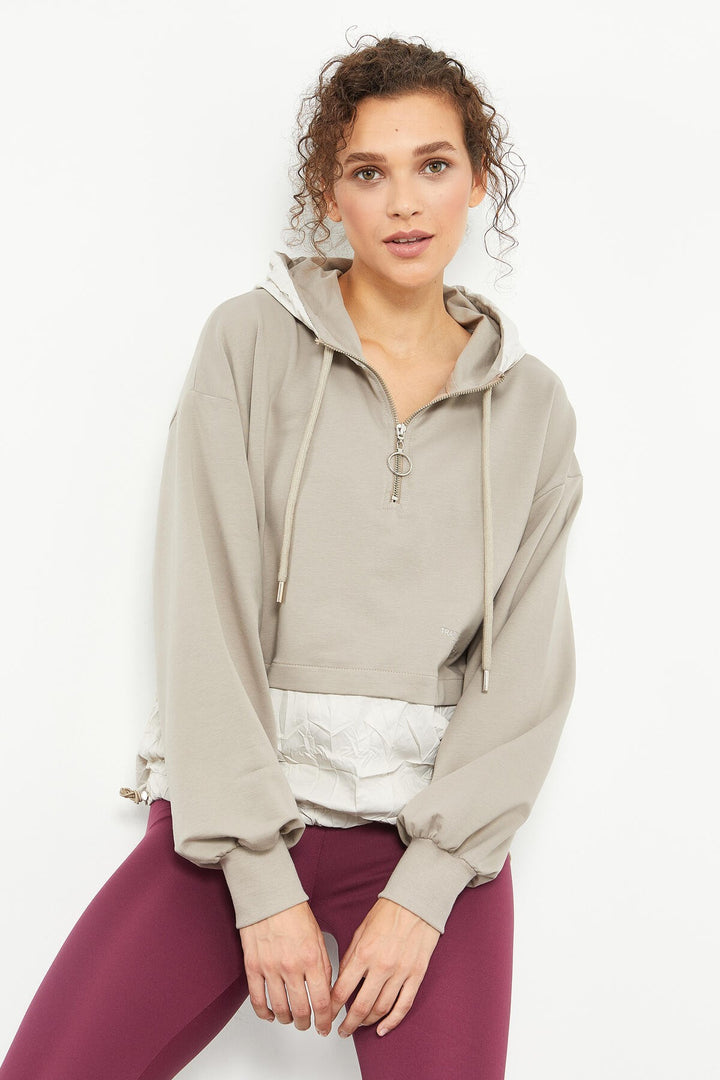 TMY Dark Beige Balloon Sleeve Parachute Fabric Detailed Women's Oversize Sweatshirt - 97167 - La Roche-sur-Yon