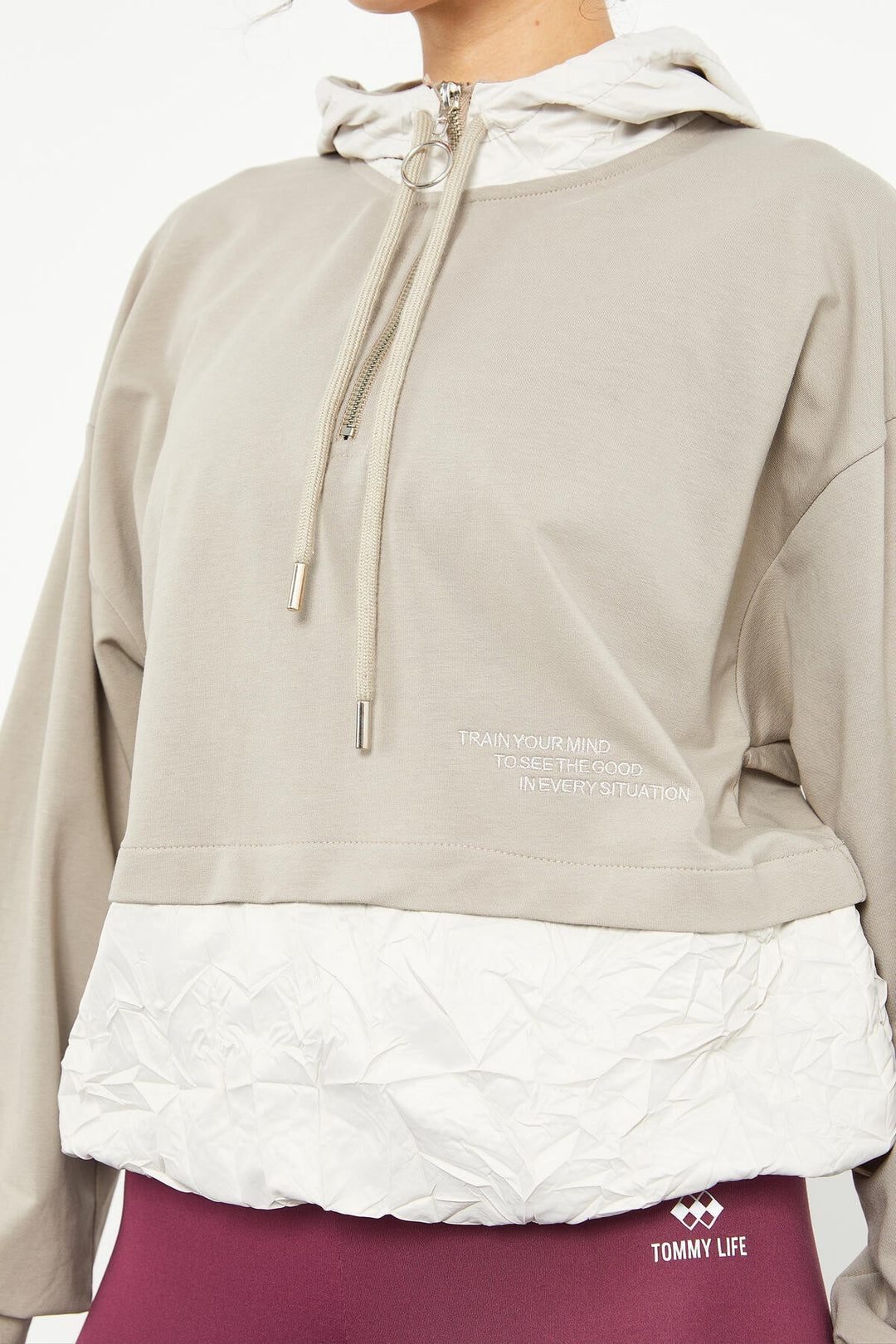 TMY Dark Beige Balloon Sleeve Parachute Fabric Detailed Women's Oversize Sweatshirt - 97167 - La Roche-sur-Yon