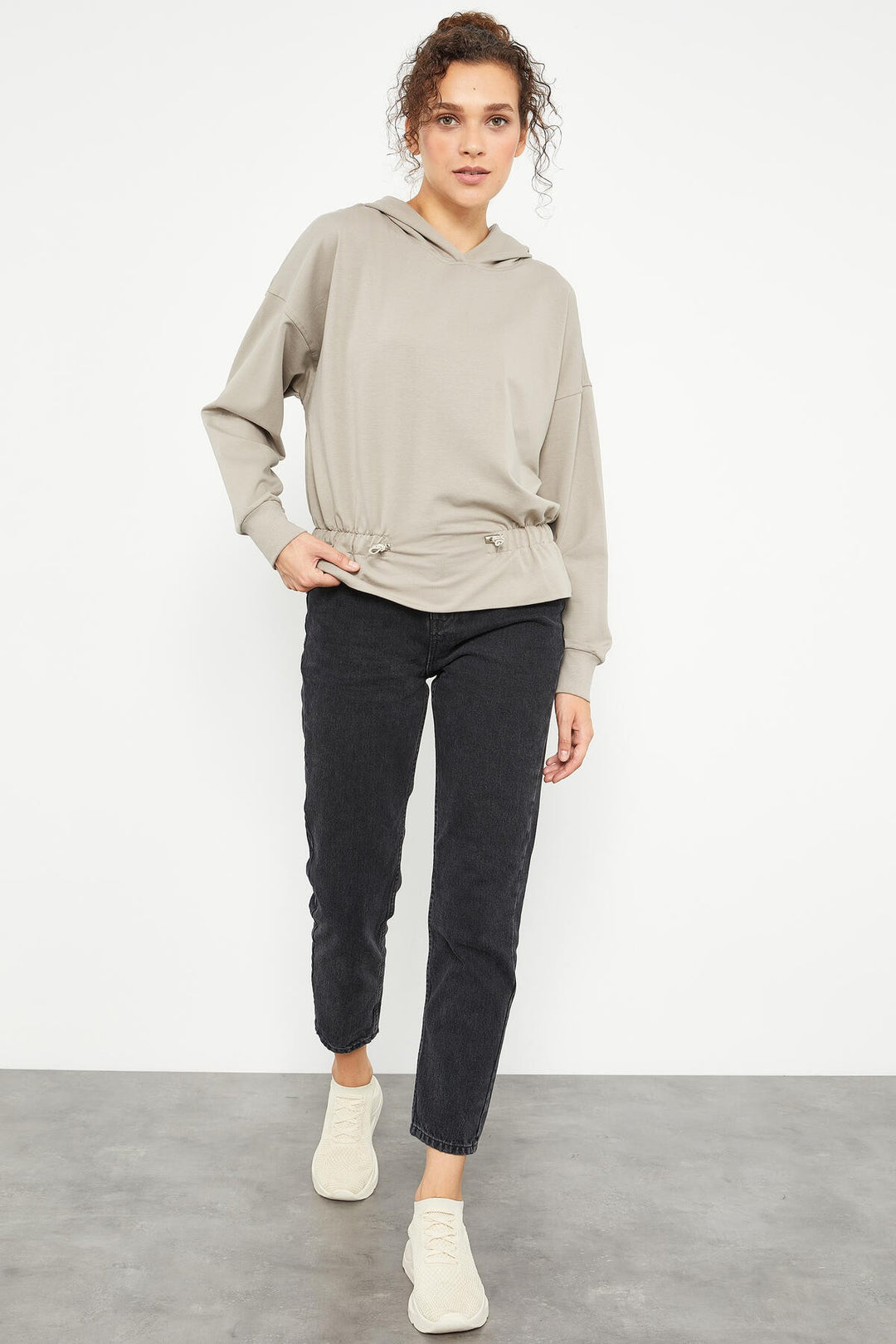 TMY Dark Beige Belted Hooded Women's Oversize Sweatshirt - 97159 - Lehi