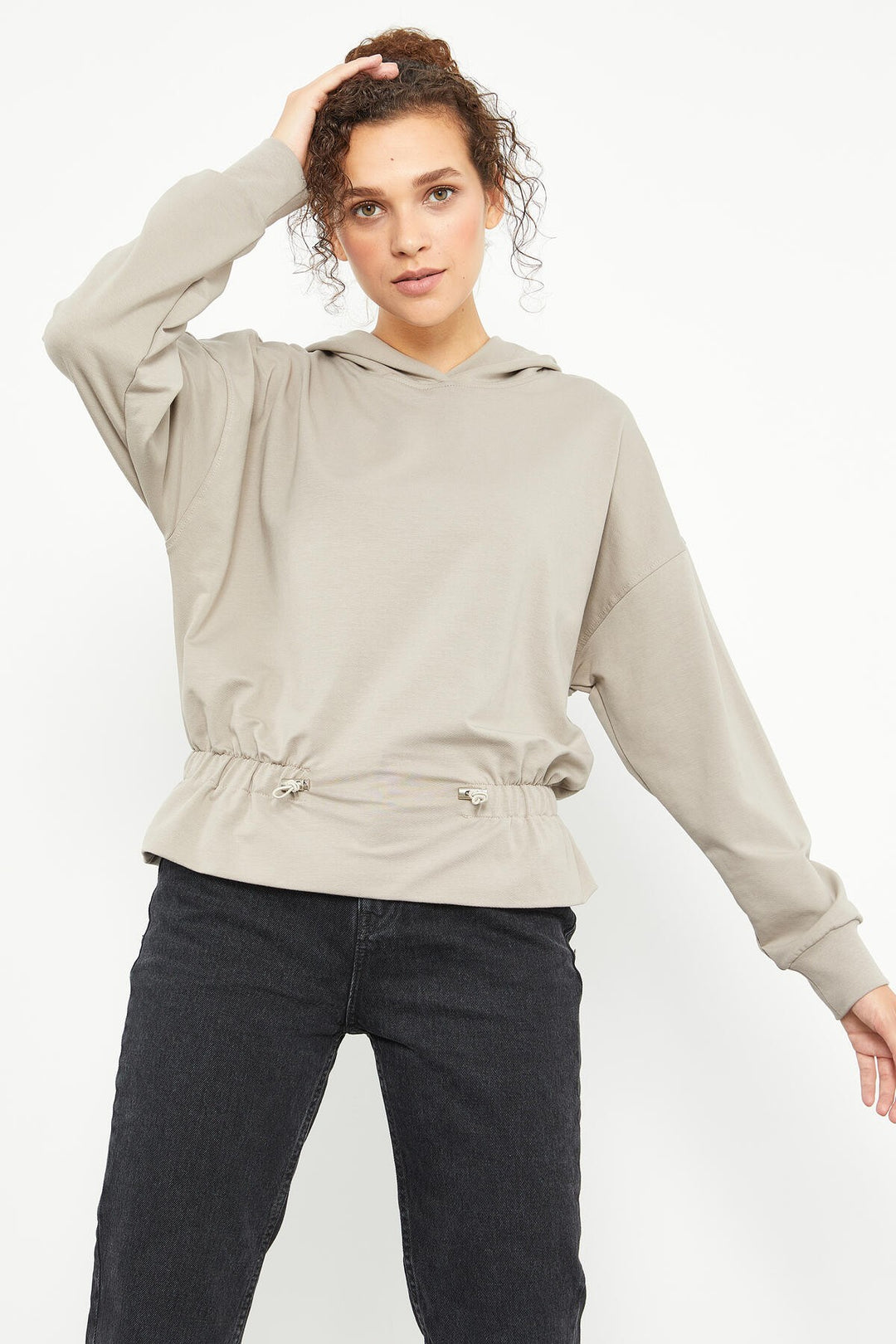 TMY Dark Beige Belted Hooded Women's Oversize Sweatshirt - 97159 - Lehi