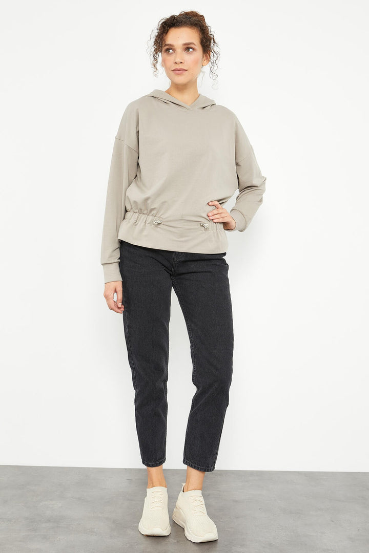 TMY Dark Beige Belted Hooded Women's Oversize Sweatshirt - 97159 - Lehi