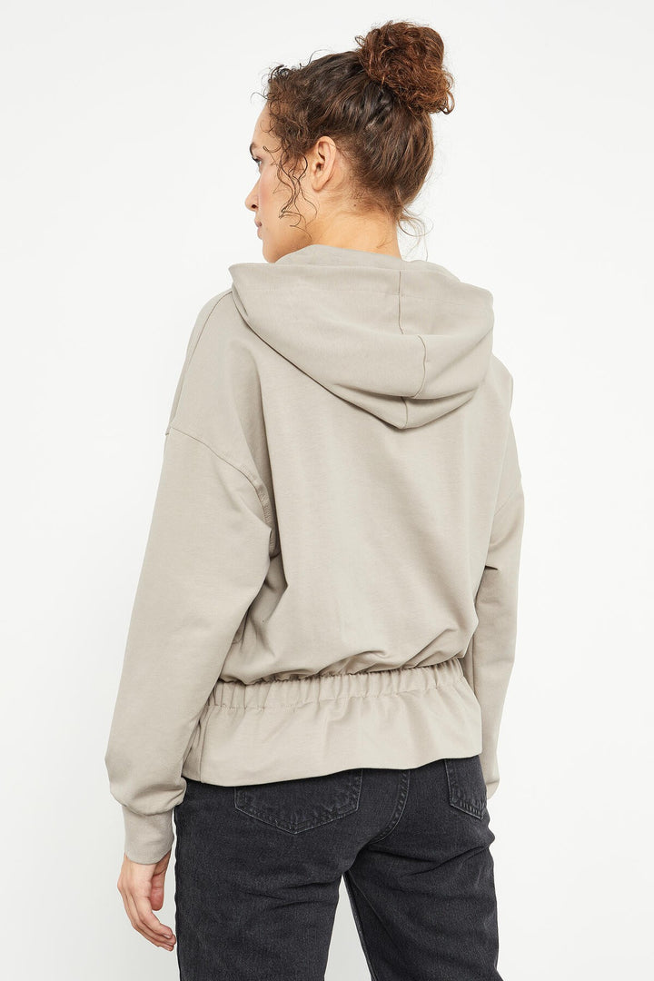 TMY Dark Beige Belted Hooded Women's Oversize Sweatshirt - 97159 - Lehi