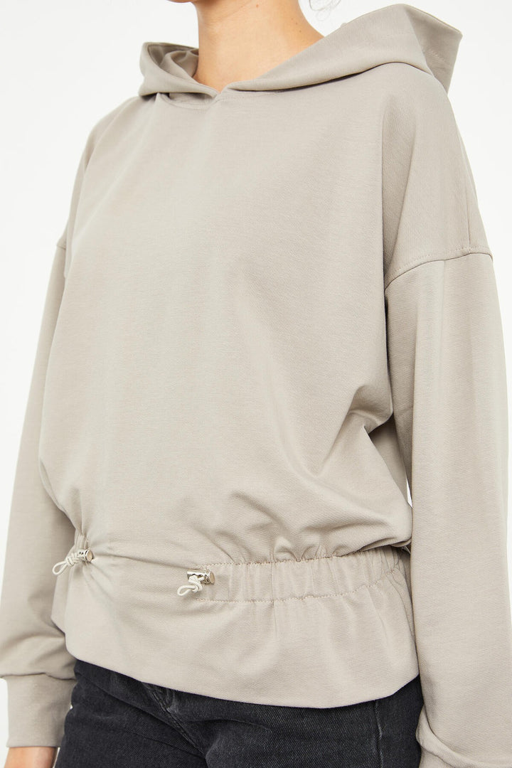 TMY Dark Beige Belted Hooded Women's Oversize Sweatshirt - 97159 - Lehi