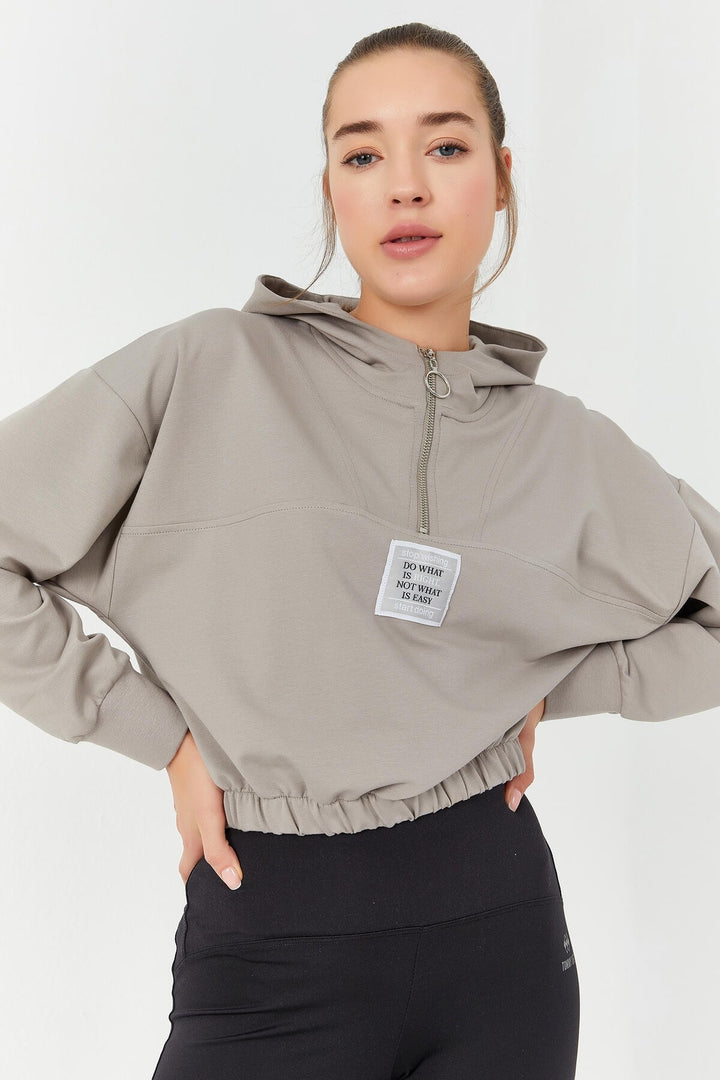 TMY Dark Beige Ruched Hooded Half Zip Comfort Fit Women's Crop Top Sweatshirt - 97155 - Washington