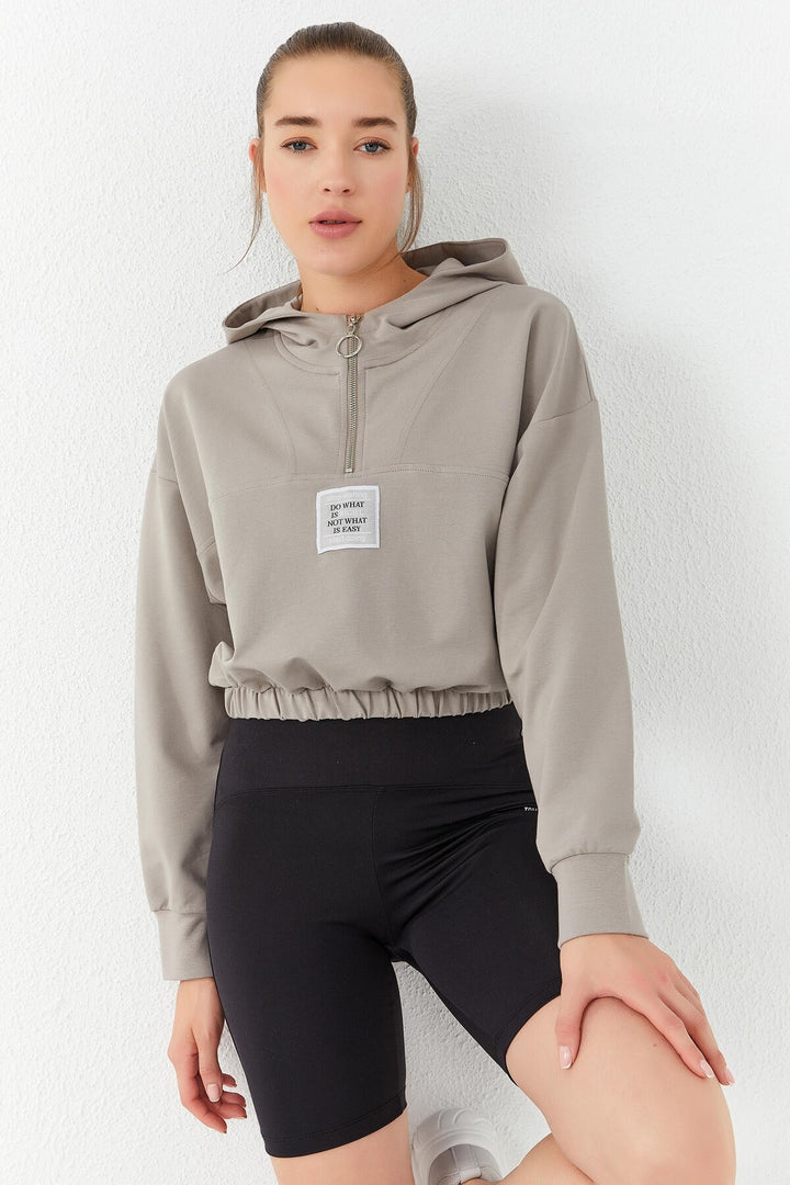 TMY Dark Beige Ruched Hooded Half Zip Comfort Fit Women's Crop Top Sweatshirt - 97155 - Washington
