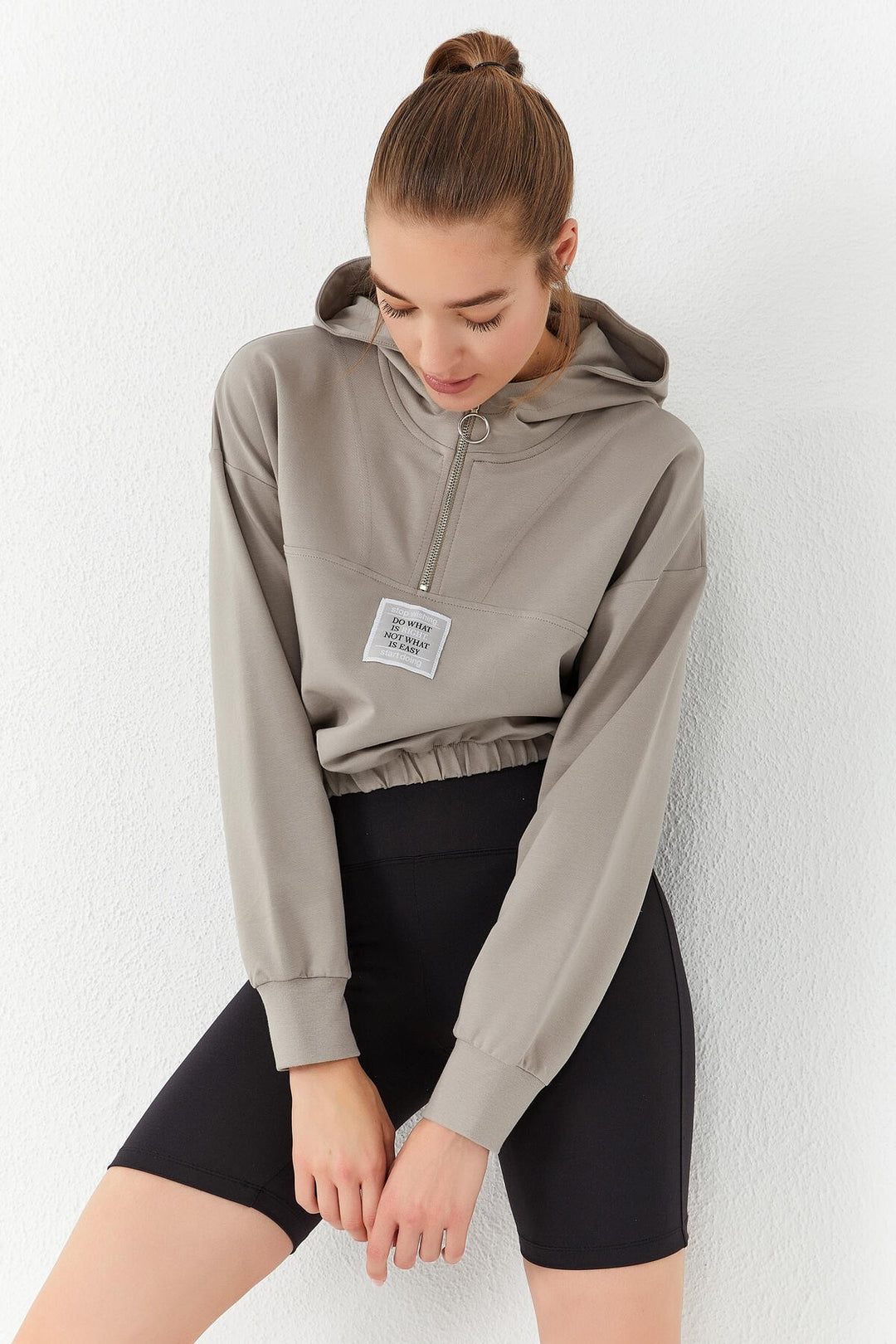 TMY Dark Beige Ruched Hooded Half Zip Comfort Fit Women's Crop Top Sweatshirt - 97155 - Washington