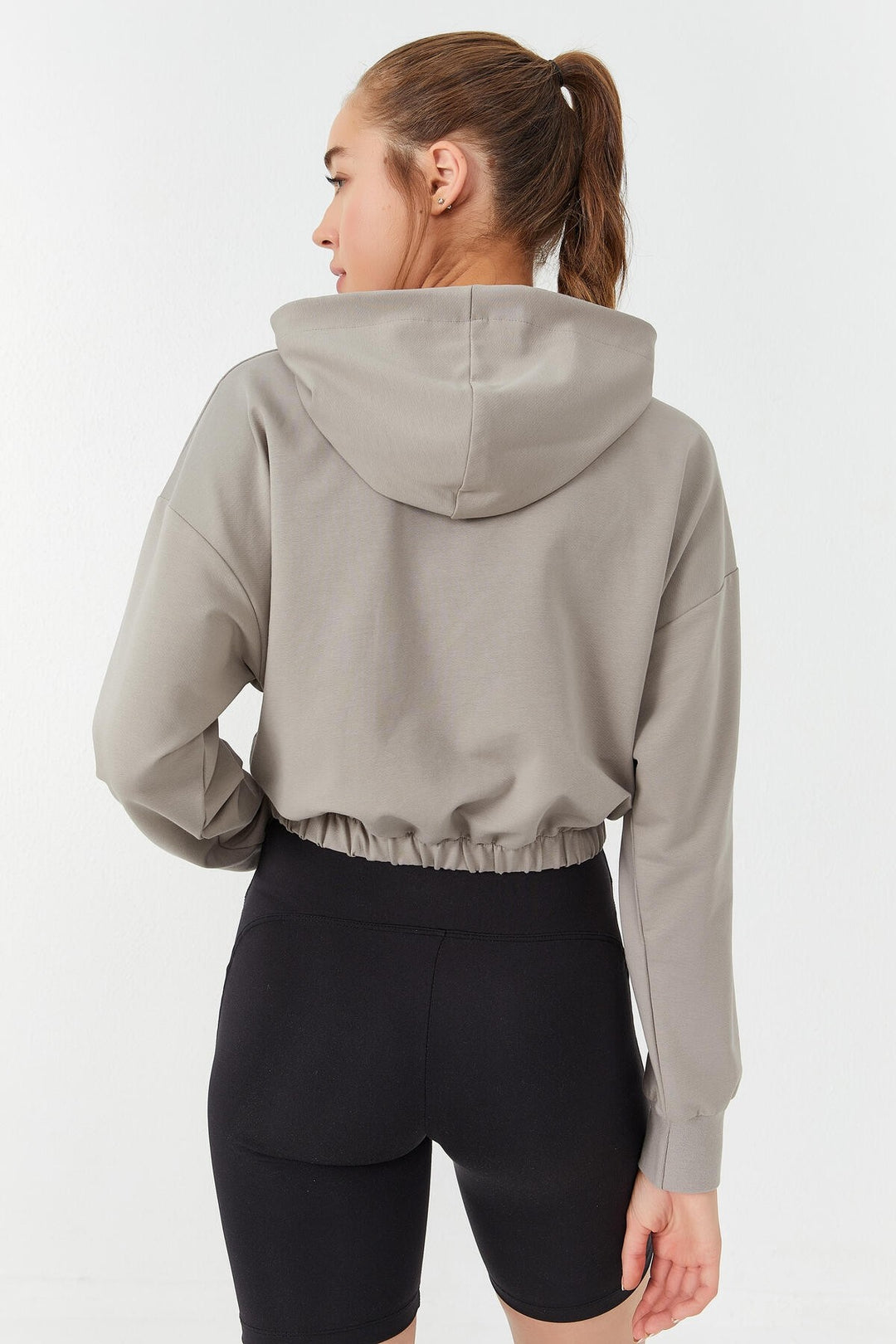 TMY Dark Beige Ruched Hooded Half Zip Comfort Fit Women's Crop Top Sweatshirt - 97155 - Washington