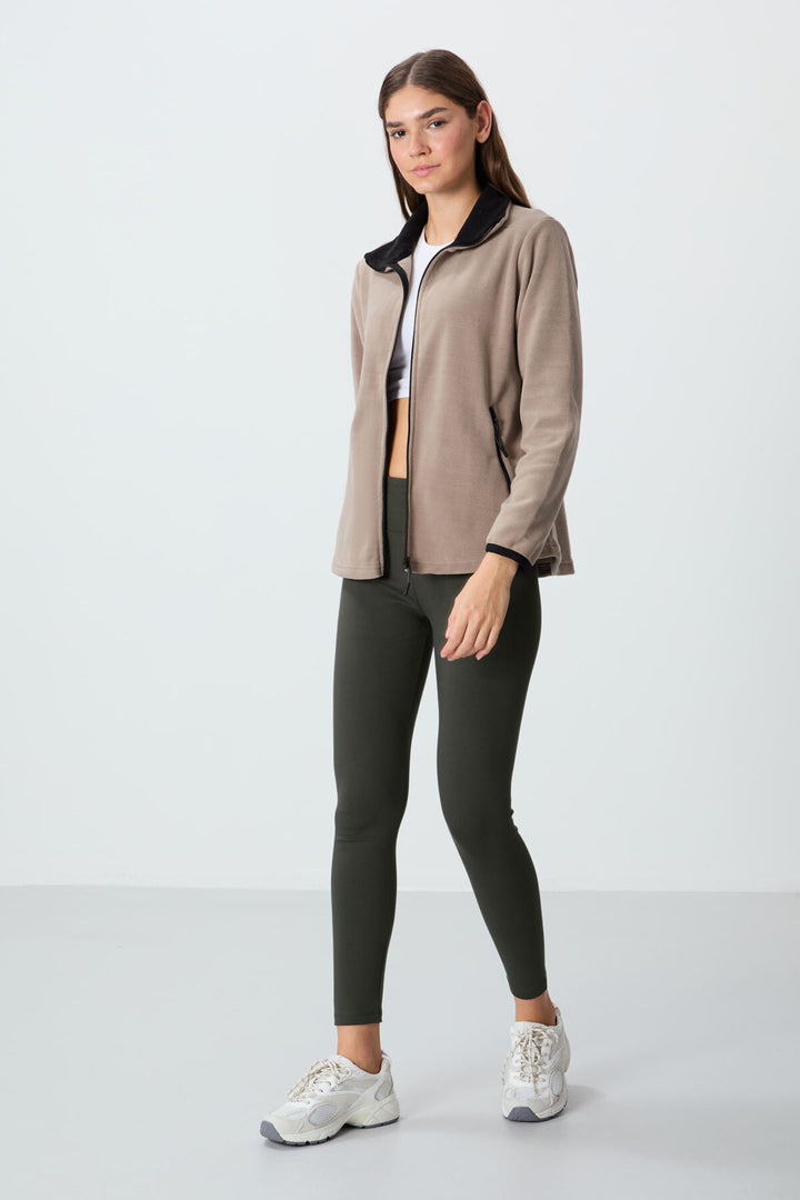 TMY Dark Beige High Neck Zippered Comfort Fit Women's Polar Sweatshirt - 97173 - Murrieta