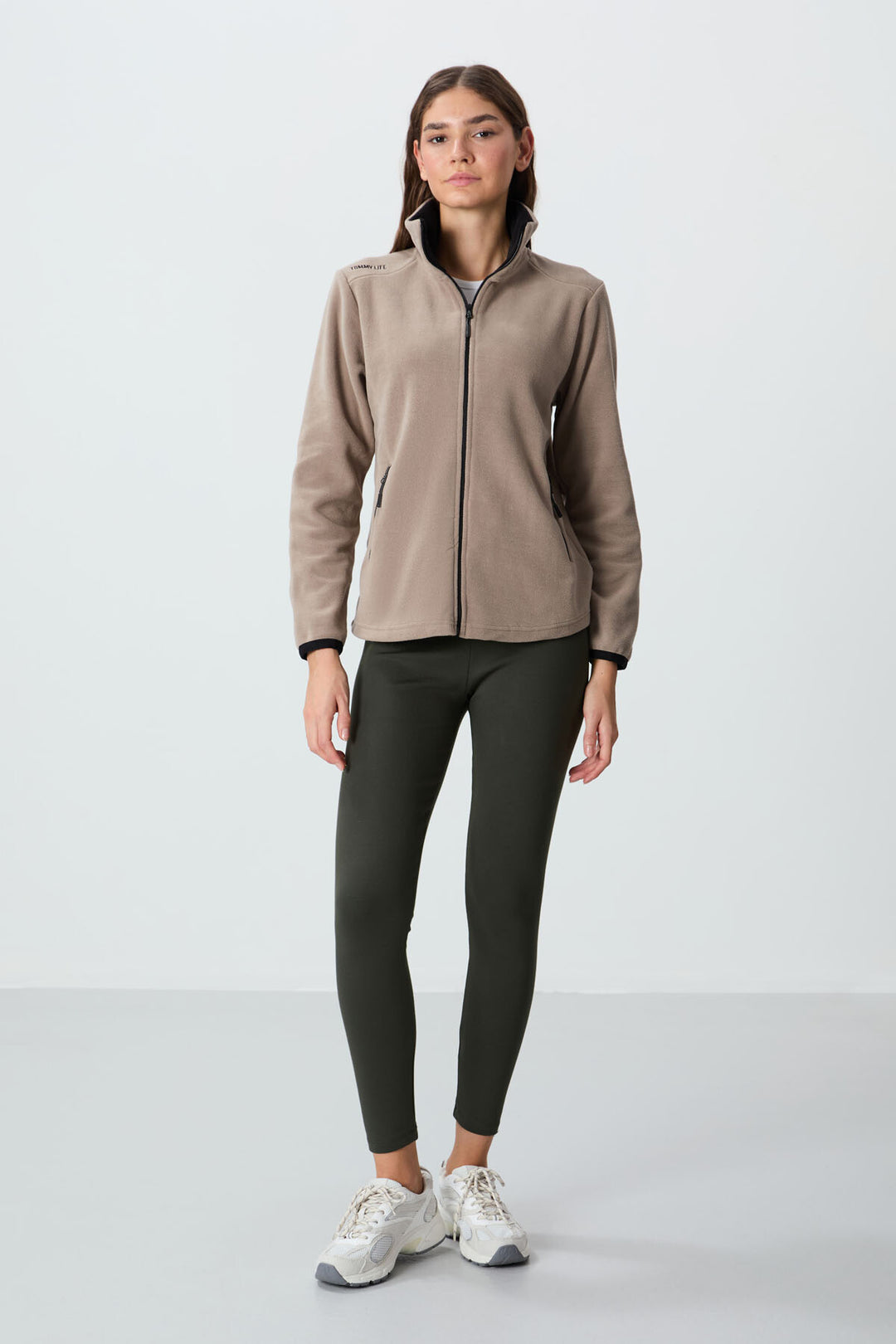 TMY Dark Beige High Neck Zippered Comfort Fit Women's Polar Sweatshirt - 97173 - Murrieta