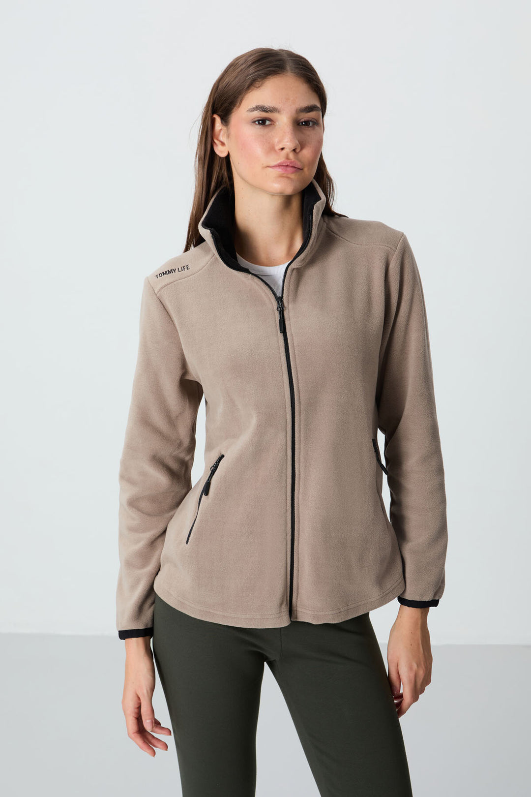 TMY Dark Beige High Neck Zippered Comfort Fit Women's Polar Sweatshirt - 97173 - Murrieta